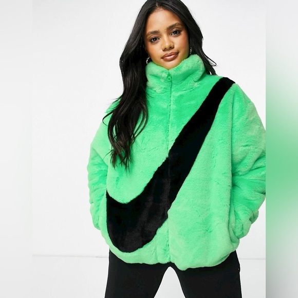New! Nike Faux Fur Neon Green Swoosh Bomber Logo Zip Jacket 💚💚 Small - Picture 3 of 16